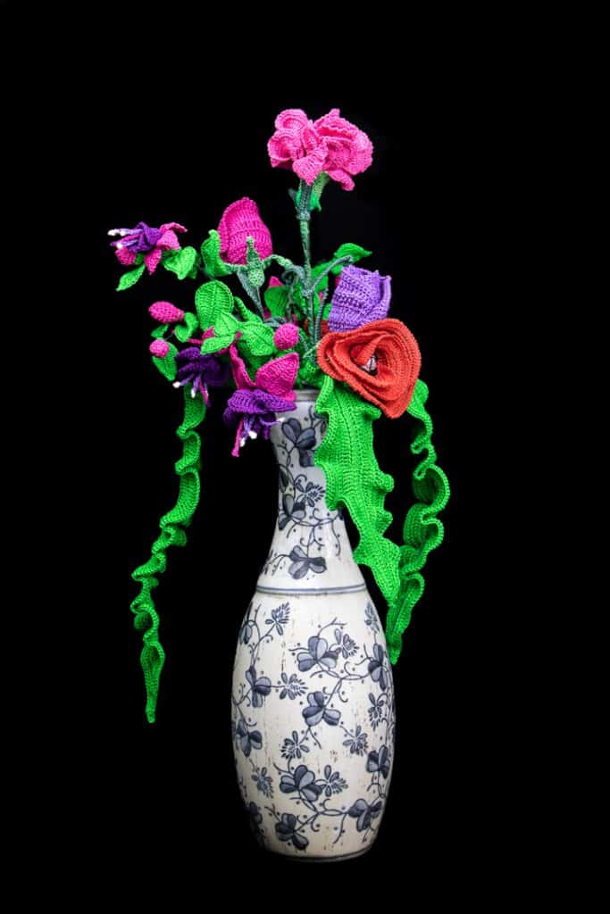 Crochet Flowers in Antique Vase